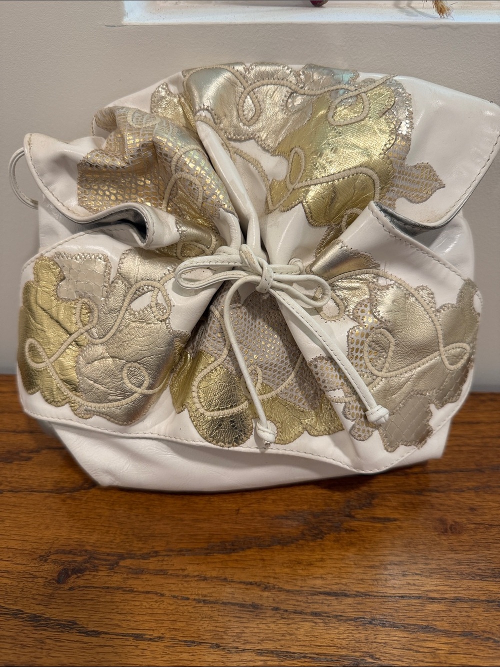 Carlos Falchi White Leather Drawstring Bag with Gold Embroidery